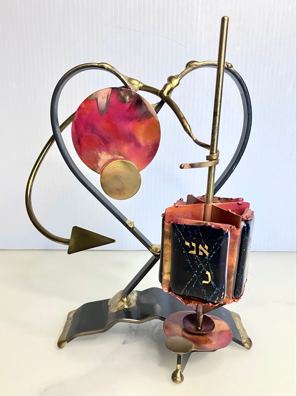 Gary Rosenthal Sculpture Copper Brass Mixed Metal Fused Glass Spinning Dreidel